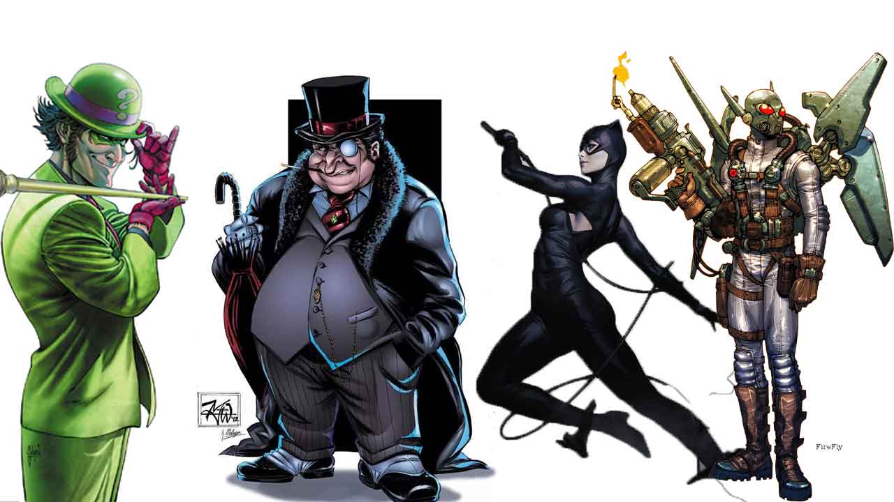 Парад злодеев. DC Пингвин и Загадочник. Batman Villains. Злодеи Бэтмена Загадочник. Готэм и герои Бэтмена.