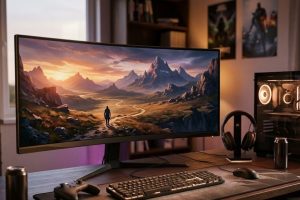Игровой компьютер с монитором, на котором открыт мир приключенческой игры