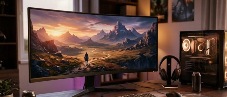 Игровой компьютер с монитором, на котором открыт мир приключенческой игры