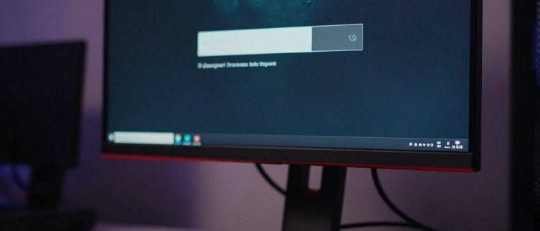 Игровой компьютер с монитором, на котором тёмный экран загрузки