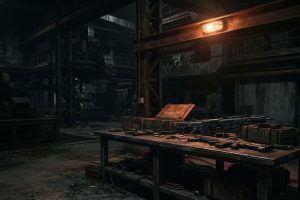 Тёмный промышленный объект с оружием на столе в духе Killing Floor 2