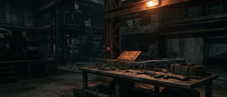 Тёмный промышленный объект с оружием на столе в духе Killing Floor 2
